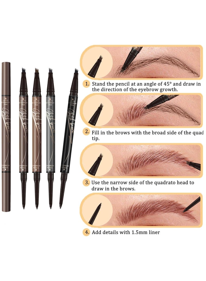 Waterproof Eyebrow Pencil, 3D Microblading Eyebrow Pencil, Magic Eyebrow Pencil, 4 Fork Tip Tattoo Pencil, Double Ended Eyebrow Pen, Contouring Pencil, Long-Lasting Smudge Proof Brow Pencil, Black