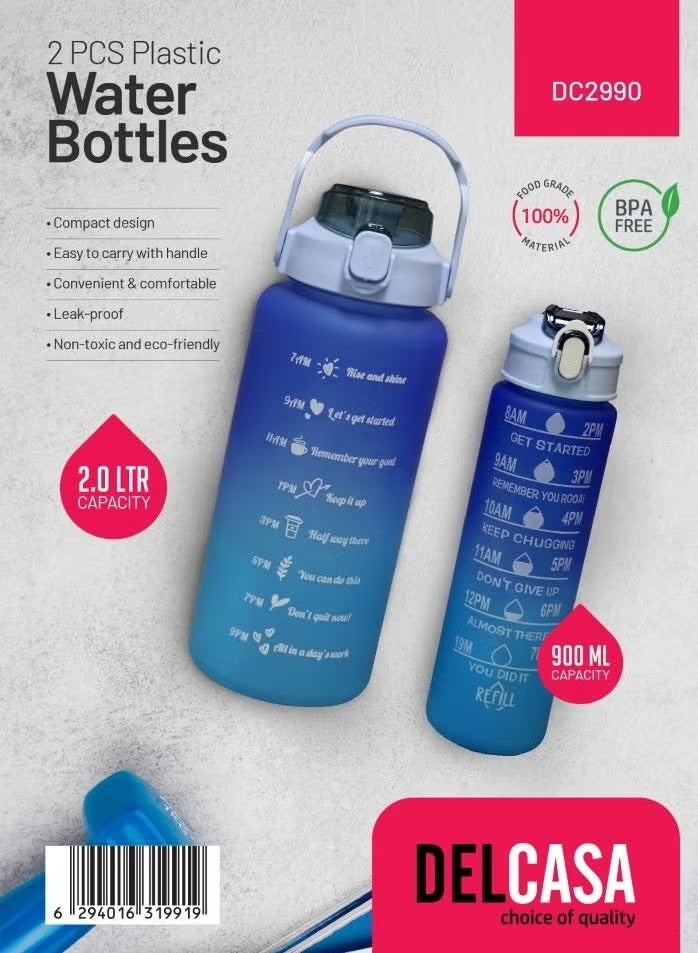 Delcasa Plastic Water Bottle DC2990 Pack of 2, 2.0 L & 900 ML, Plastic Bottle with Volume Tracker and Push Button Mechanism