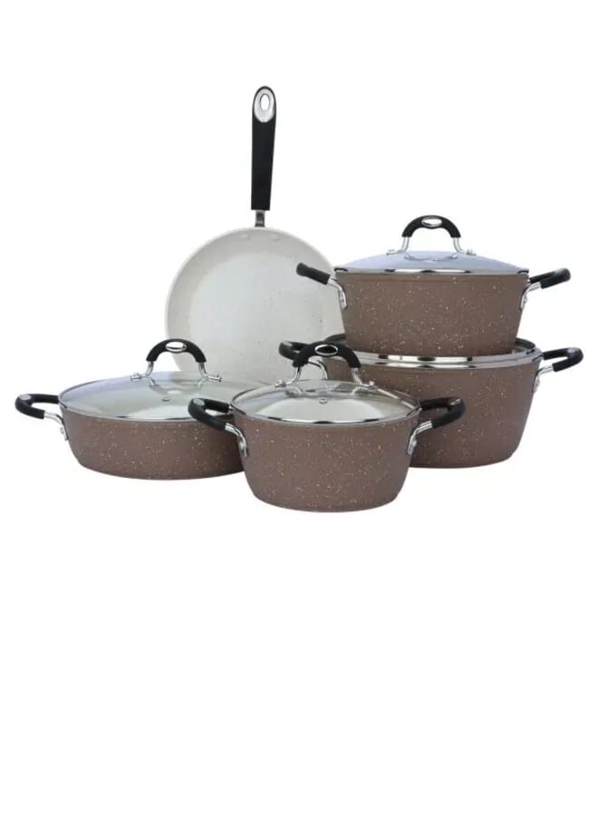 9 pieces Granite Cookware set with silicone glass lid Brown