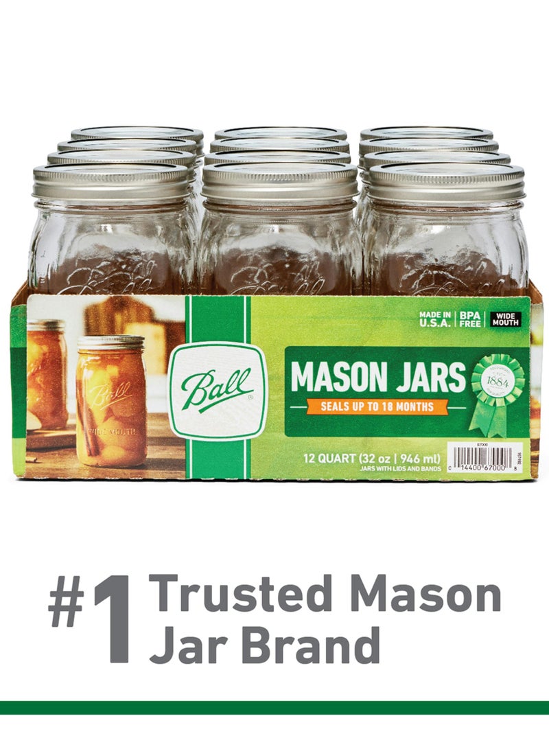 Mason Jar with Lids Wide Mouth Glass Jar, Great to preserve fresh Recipes, Set of 12, 32 Oz, Reusable Jars is BPA Free and Freezer safe.