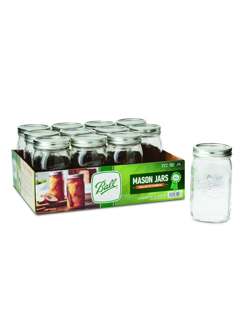 Mason Jar with Lids Wide Mouth Glass Jar, Great to preserve fresh Recipes, Set of 12, 32 Oz, Reusable Jars is BPA Free and Freezer safe.