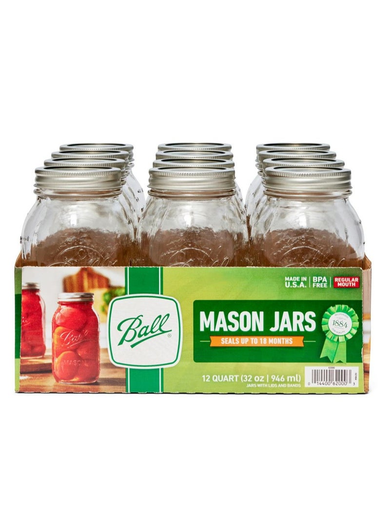 Mason Jar with Lids Regular Mouth Glass Jar, Great to preserve fresh Recipes, Set of 12, 32 Oz, Reusable Jars is BPA Free and Freezer safe.