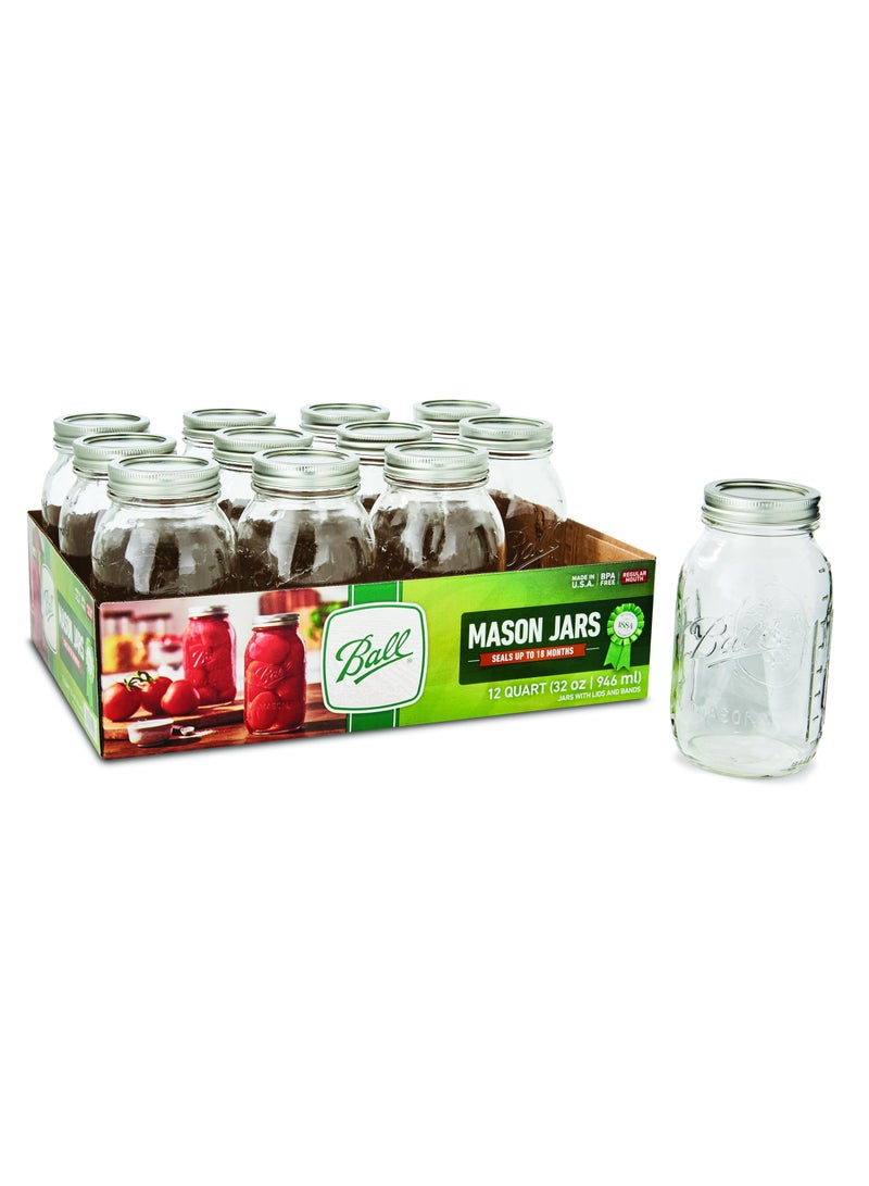 Mason Jar with Lids Regular Mouth Glass Jar, Great to preserve fresh Recipes, Set of 12, 32 Oz, Reusable Jars is BPA Free and Freezer safe.