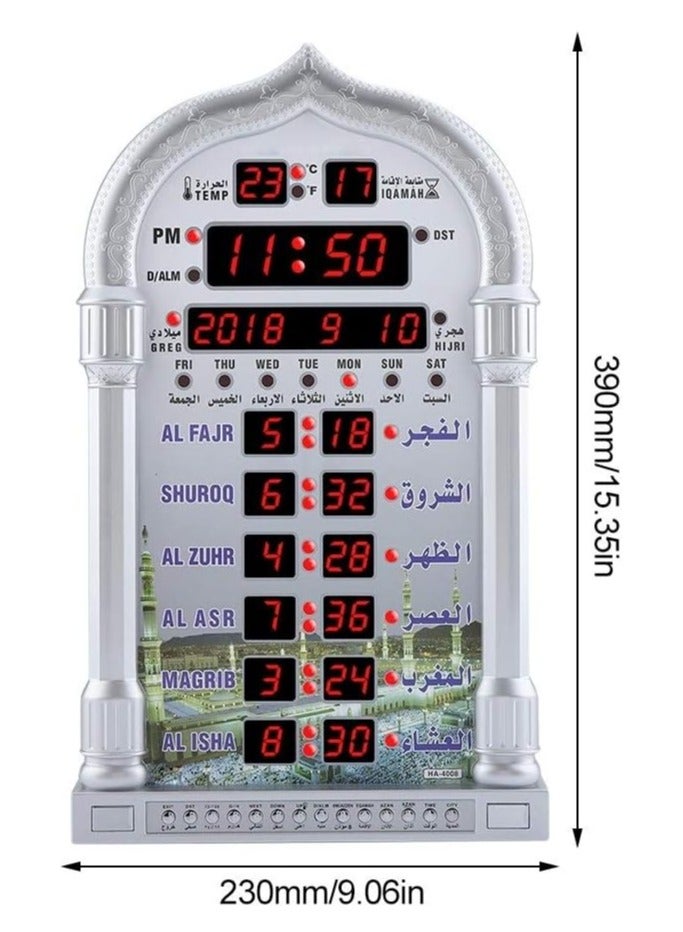 Digital LED Islamic Mosque Azan Clock For Prayer Silver 23.8 x 38.8cm