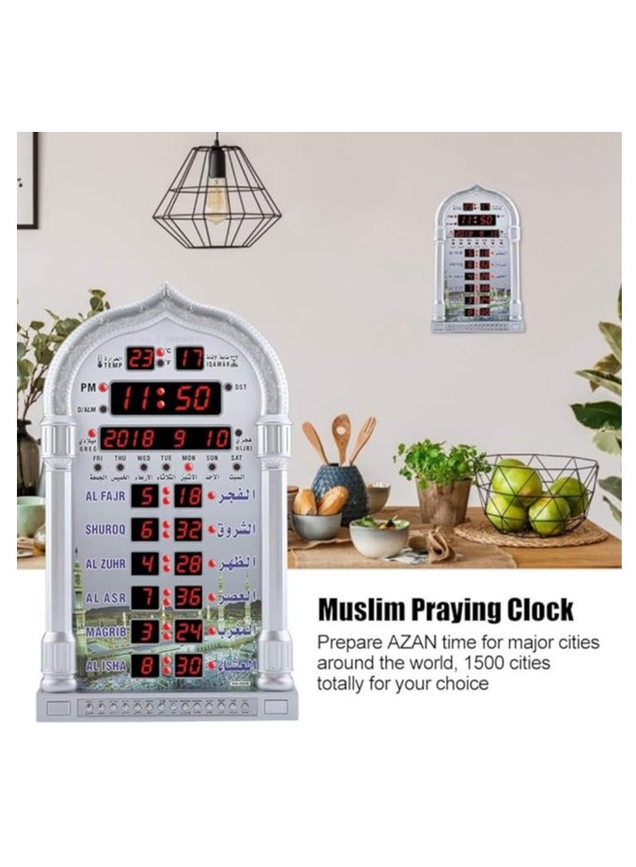 Digital LED Islamic Mosque Azan Clock For Prayer Silver 23.8 x 38.8cm