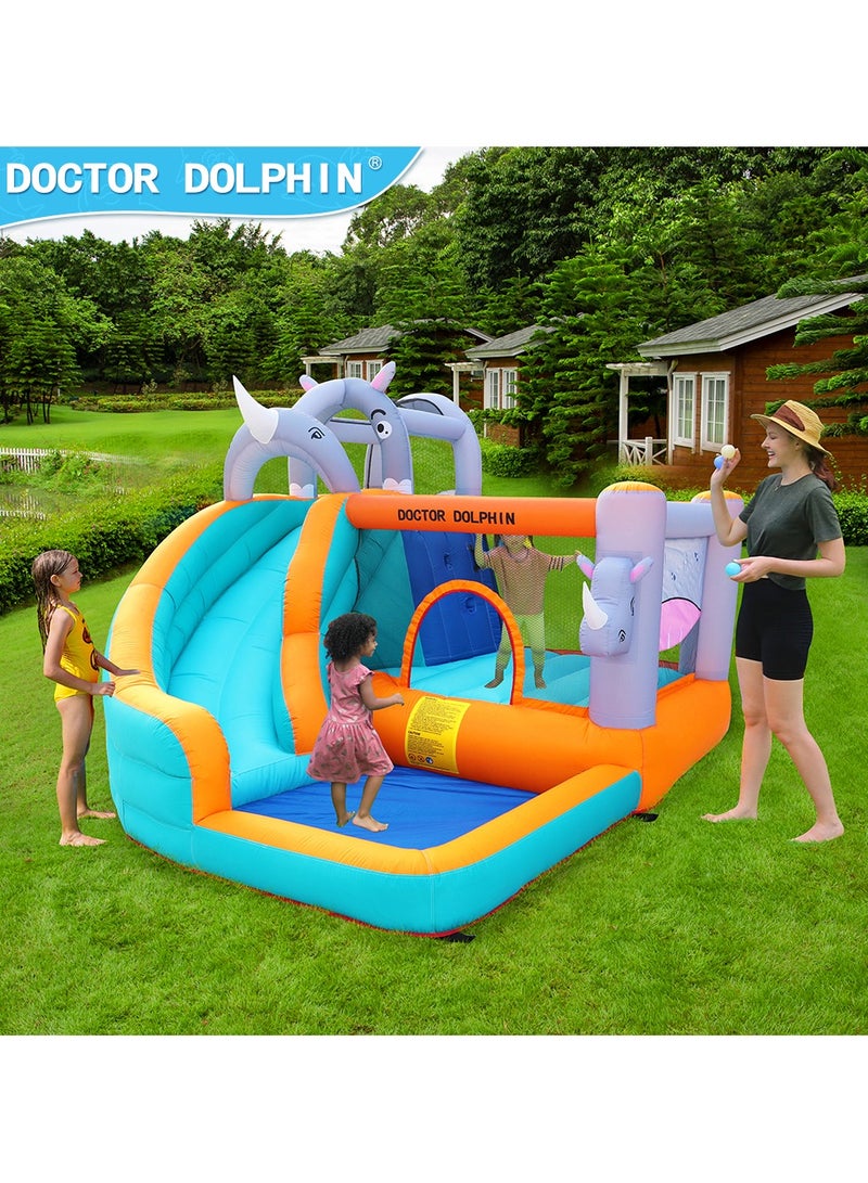 Doctor Dolphin Inflatable Bounce House with Water Slides for Kids with Climbing Wall, Elephant Theme Water Park with Plash Pool for Outdoor 73009