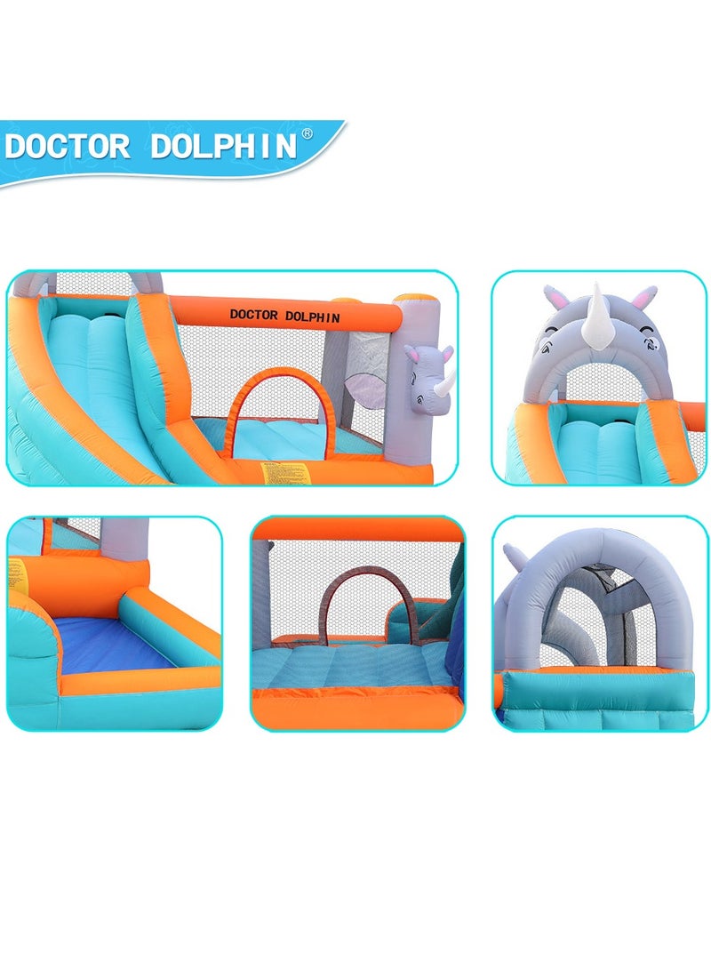 Doctor Dolphin Inflatable Bounce House with Water Slides for Kids with Climbing Wall, Elephant Theme Water Park with Plash Pool for Outdoor 73009