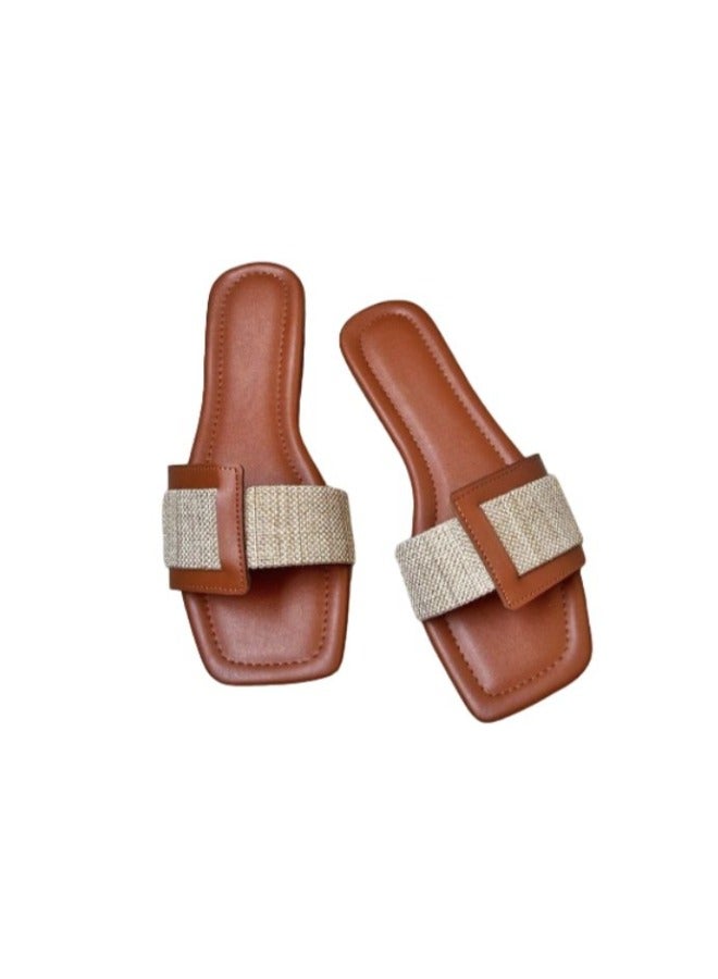 Women’s Buckle Design Flat Sandals Slip On Square Toe Minimalist Shoes Ladies Casual & Comfy Summer Shoes