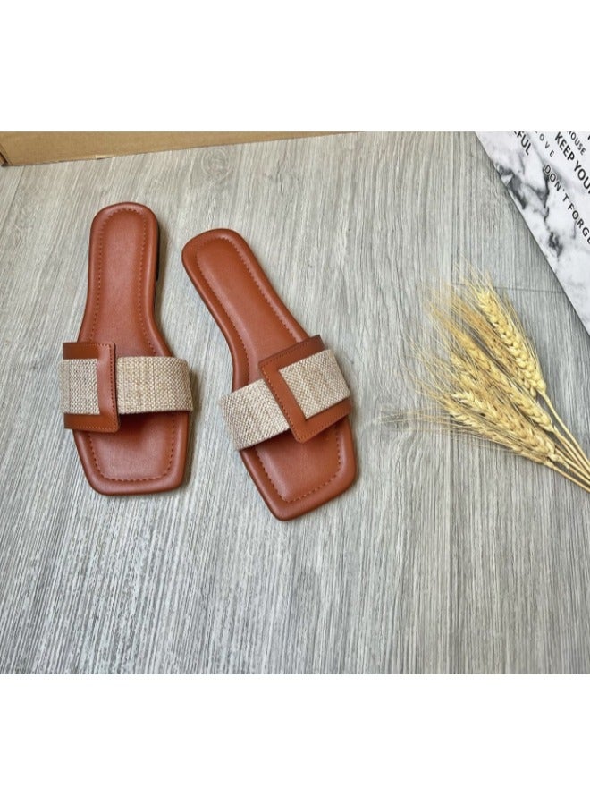 Women’s Buckle Design Flat Sandals Slip On Square Toe Minimalist Shoes Ladies Casual & Comfy Summer Shoes