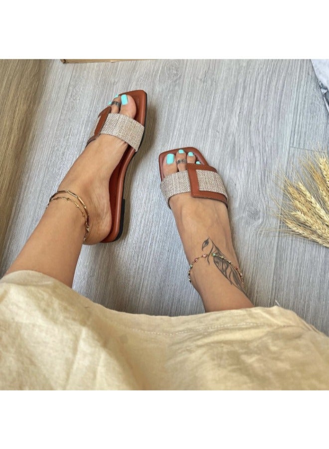 Women’s Buckle Design Flat Sandals Slip On Square Toe Minimalist Shoes Ladies Casual & Comfy Summer Shoes