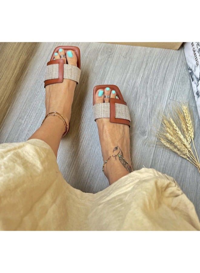 Women’s Buckle Design Flat Sandals Slip On Square Toe Minimalist Shoes Ladies Casual & Comfy Summer Shoes