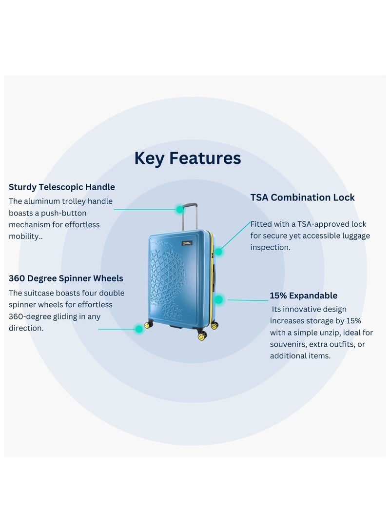 National Geographic Globe ABS Hardshell Luggage Set, Durable Lightweight Travel Suitcase, 4 Double Wheel Trolley Bag with TSA Combination Lock 3pcs Blue (20+24+28 Inch).