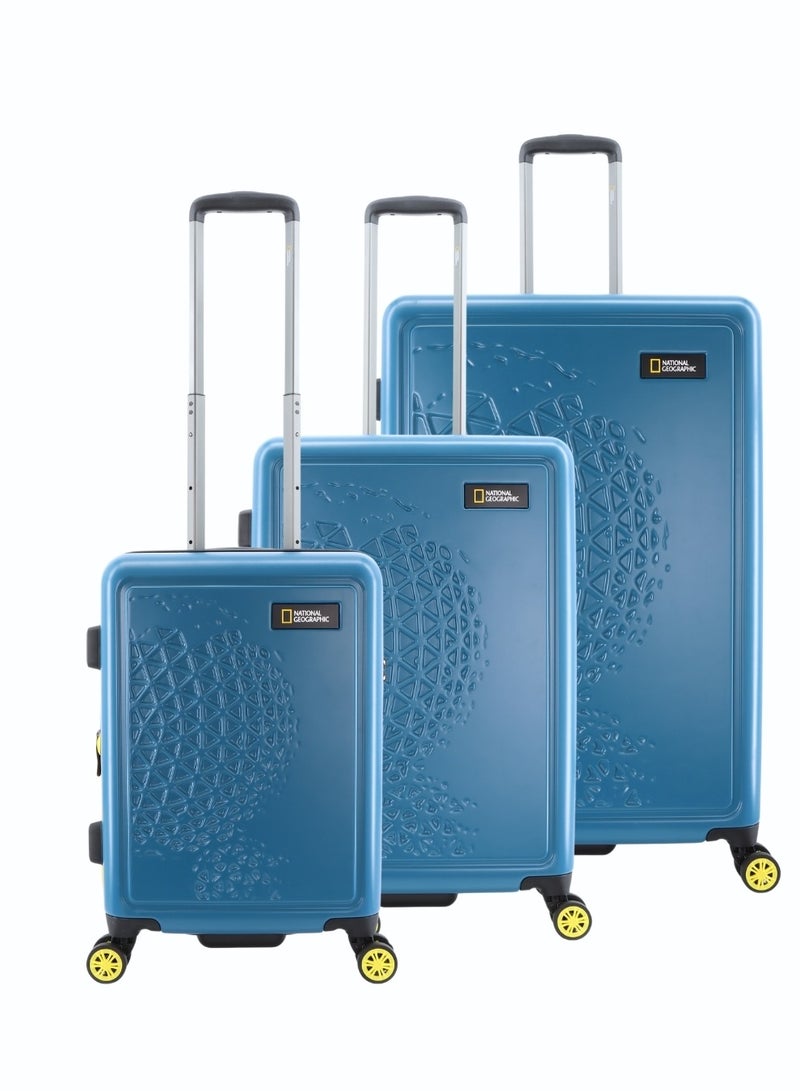 National Geographic Globe ABS Hardshell Luggage Set, Durable Lightweight Travel Suitcase, 4 Double Wheel Trolley Bag with TSA Combination Lock 3pcs Blue (20+24+28 Inch).