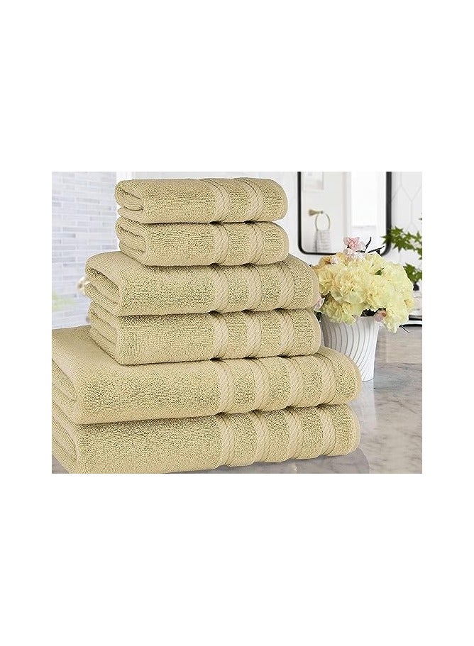 Towel Set Luxury Hotel Quality 600 GSM Genuine Combed Cotton, Super Soft & Absorbent Family Bath Towels 6 Piece Set -  2 Bath Towels, 2 Hand Towels, 2 Washcloths - Beige