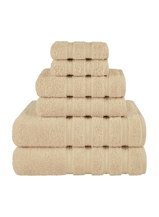 Towel Set Luxury Hotel Quality 600 GSM Genuine Combed Cotton, Super Soft & Absorbent Family Bath Towels 6 Piece Set -  2 Bath Towels, 2 Hand Towels, 2 Washcloths - Beige