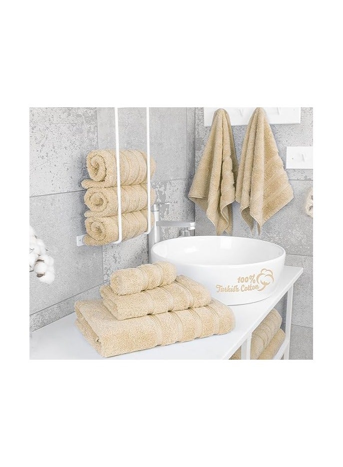 Towel Set Luxury Hotel Quality 600 GSM Genuine Combed Cotton, Super Soft & Absorbent Family Bath Towels 6 Piece Set -  2 Bath Towels, 2 Hand Towels, 2 Washcloths - Beige