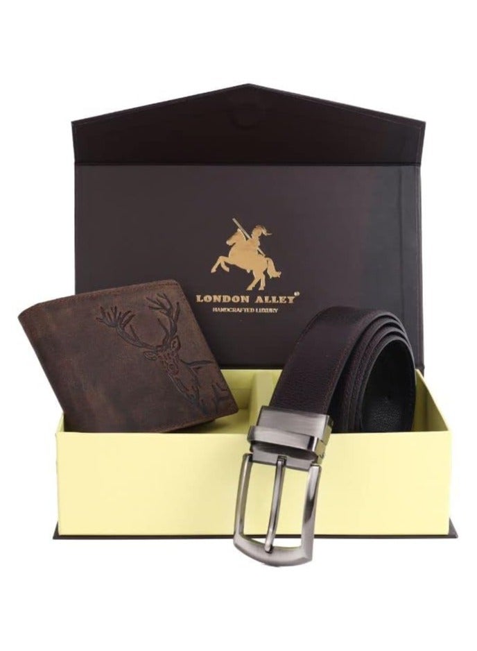 LONDON ALLEY ELK Vintage Brown Leather Wallet & Black/Brown Reversible Belt Combo Gift Box for Men