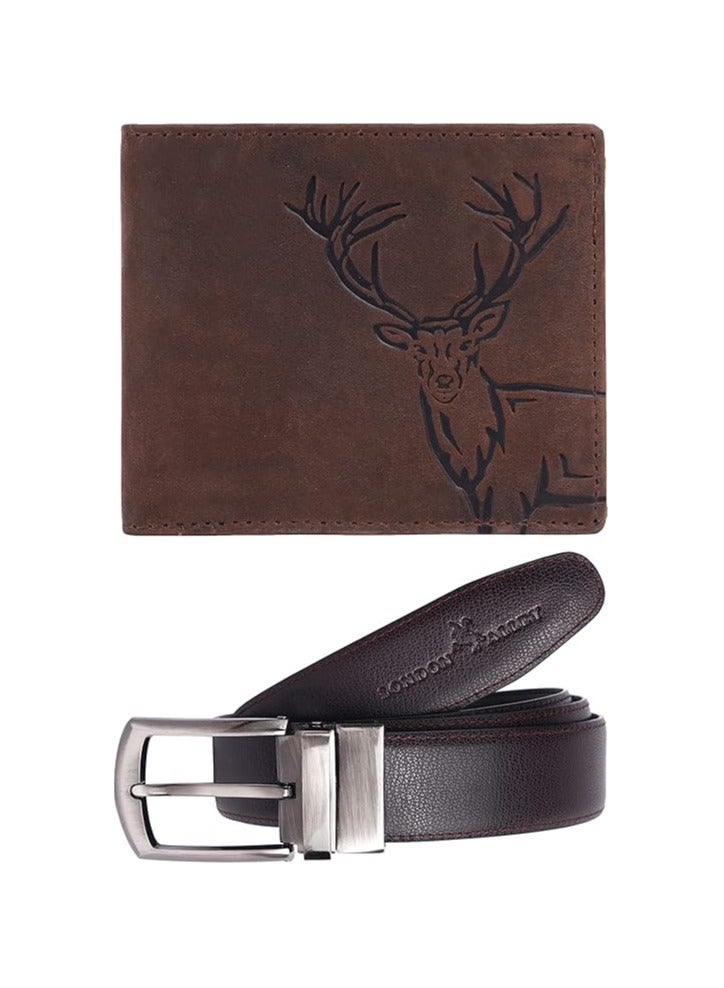 LONDON ALLEY ELK Vintage Brown Leather Wallet & Black/Brown Reversible Belt Combo Gift Box for Men