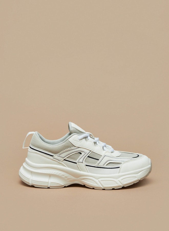 Panelled Low Ankle Sneakers with Lace-Up Closure