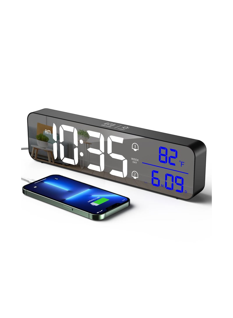 Digital Clock for Bedrooms, Plug-in Digital Alarm Clock, Digital Day Calendar Clock, Chargable Desk Digital Clock, Snooze Mode, Custom Brightness, Loud Alarm Clock Radio for Office Table