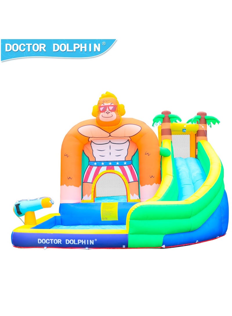 Doctor Dolphin Inflatable Water Slide for Kids Water Park Bounce House with Splash Pool & Long Slide Blower Kids King Kong Theme Water Slide Park Bouncy Castle for Outdoor 73008