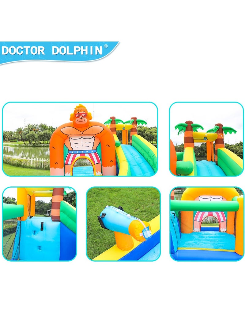 Doctor Dolphin Inflatable Water Slide for Kids Water Park Bounce House with Splash Pool & Long Slide Blower Kids King Kong Theme Water Slide Park Bouncy Castle for Outdoor 73008