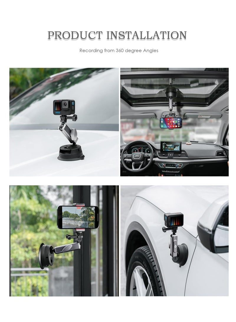 Suction Cup Mount for Go Pro, Action Camera with 360° Dual Head Ball, Car Suction Cup Holder Suction Cup Mount for Insta-360 X3 X2 Go3 Hero 12 11 10 9 8 Accessories, 1 Pcs