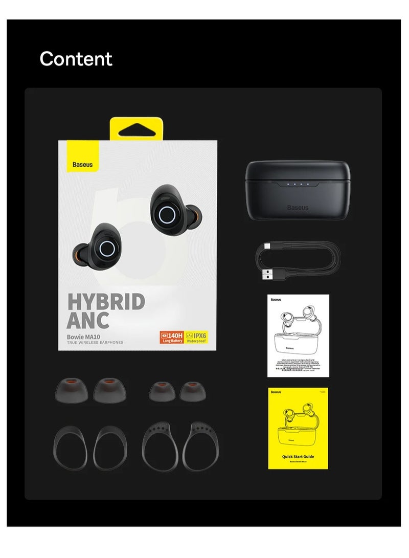 Active Noise Cancelling Wireless Earbuds, Bowie MA10 Reduce Noise by Up To 95%, 140H Battery Life, IPX6 Waterproof, Deeper Bass, 4 ENC Mics, Comfortable Fit, Bluetooth 5.3 Ear Buds Black