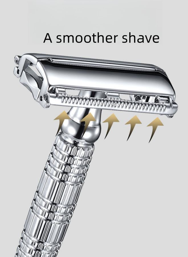 Safety Razor for Men, Double Edge Safety Razor, with 1 Platinum Coated Metal Stainless Steel Razor Blades, Single Blade Razor for Body & Face, Reusable Safety Razor for Women, Silver