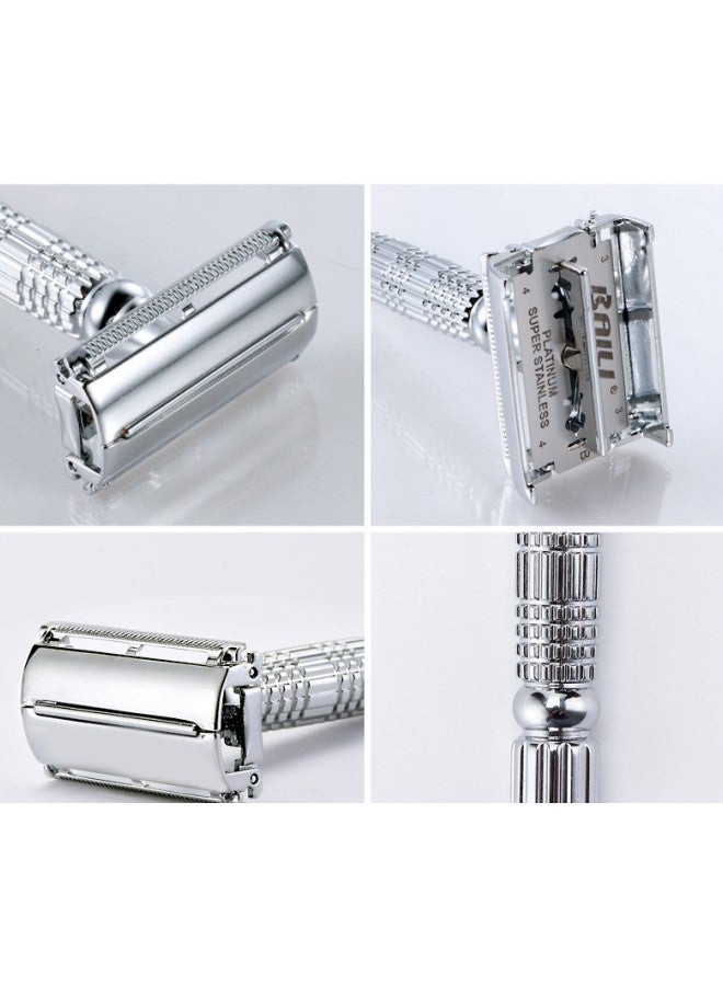 Safety Razor for Men, Double Edge Safety Razor, with 1 Platinum Coated Metal Stainless Steel Razor Blades, Single Blade Razor for Body & Face, Reusable Safety Razor for Women, Silver