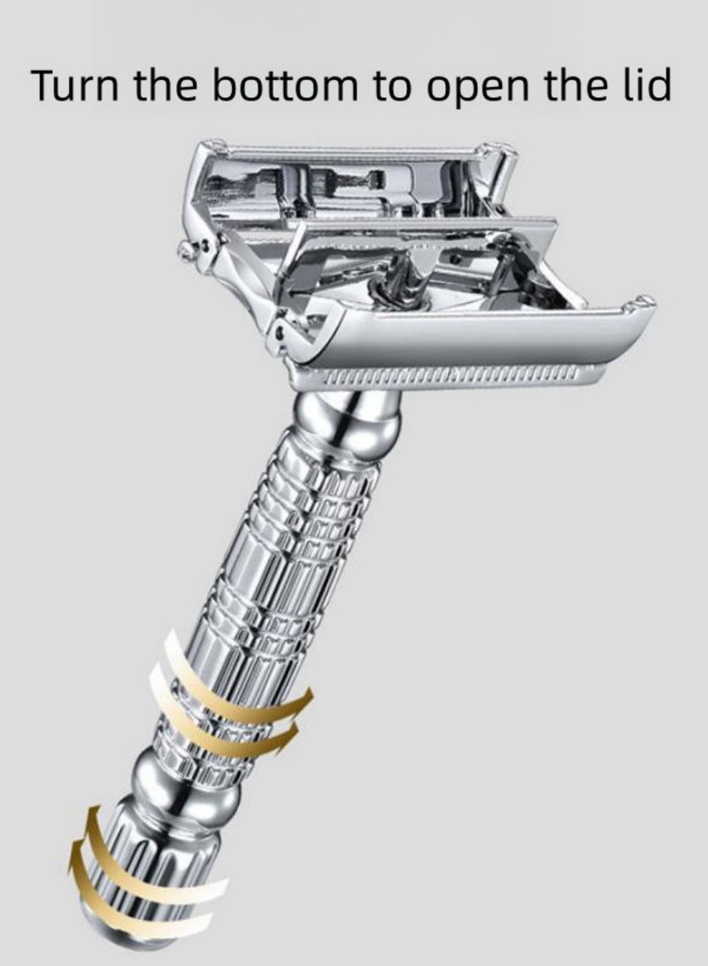 Safety Razor for Men, Double Edge Safety Razor, with 1 Platinum Coated Metal Stainless Steel Razor Blades, Single Blade Razor for Body & Face, Reusable Safety Razor for Women, Silver
