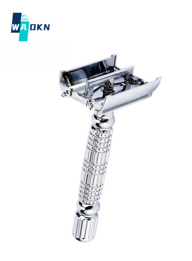 Safety Razor for Men, Double Edge Safety Razor, with 1 Platinum Coated Metal Stainless Steel Razor Blades, Single Blade Razor for Body & Face, Reusable Safety Razor for Women, Silver