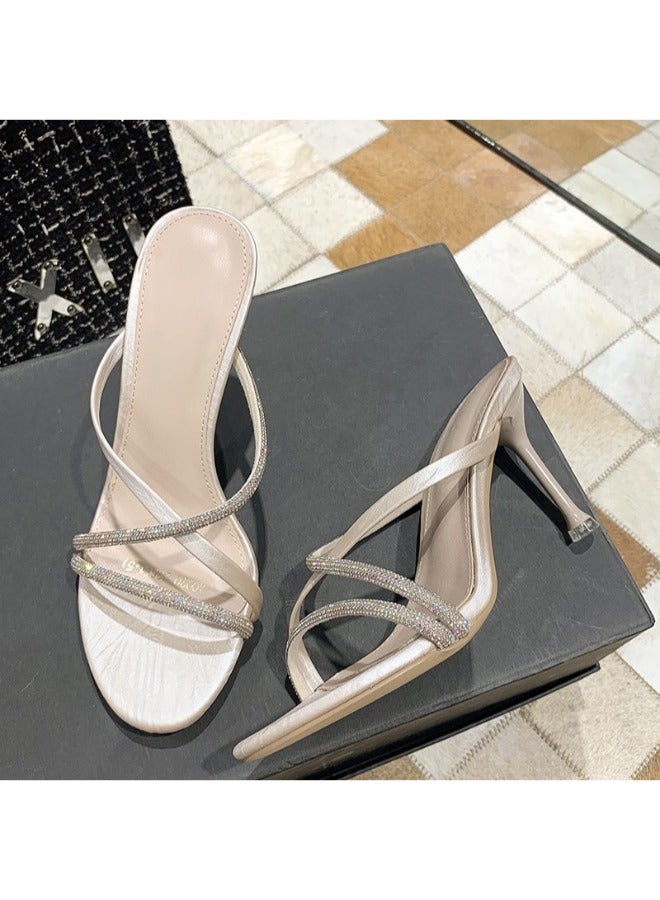 Trendy Glittery Strap High Heels Formal Sandals Bling Crystal Design Slippers For Women Heel Sandals Stripper Heels Open Mules Wedding Shoes Summer