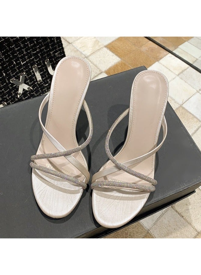 Trendy Glittery Strap High Heels Formal Sandals Bling Crystal Design Slippers For Women Heel Sandals Stripper Heels Open Mules Wedding Shoes Summer