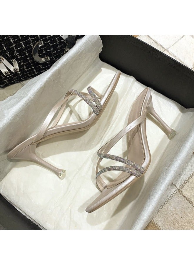 Trendy Glittery Strap High Heels Formal Sandals Bling Crystal Design Slippers For Women Heel Sandals Stripper Heels Open Mules Wedding Shoes Summer