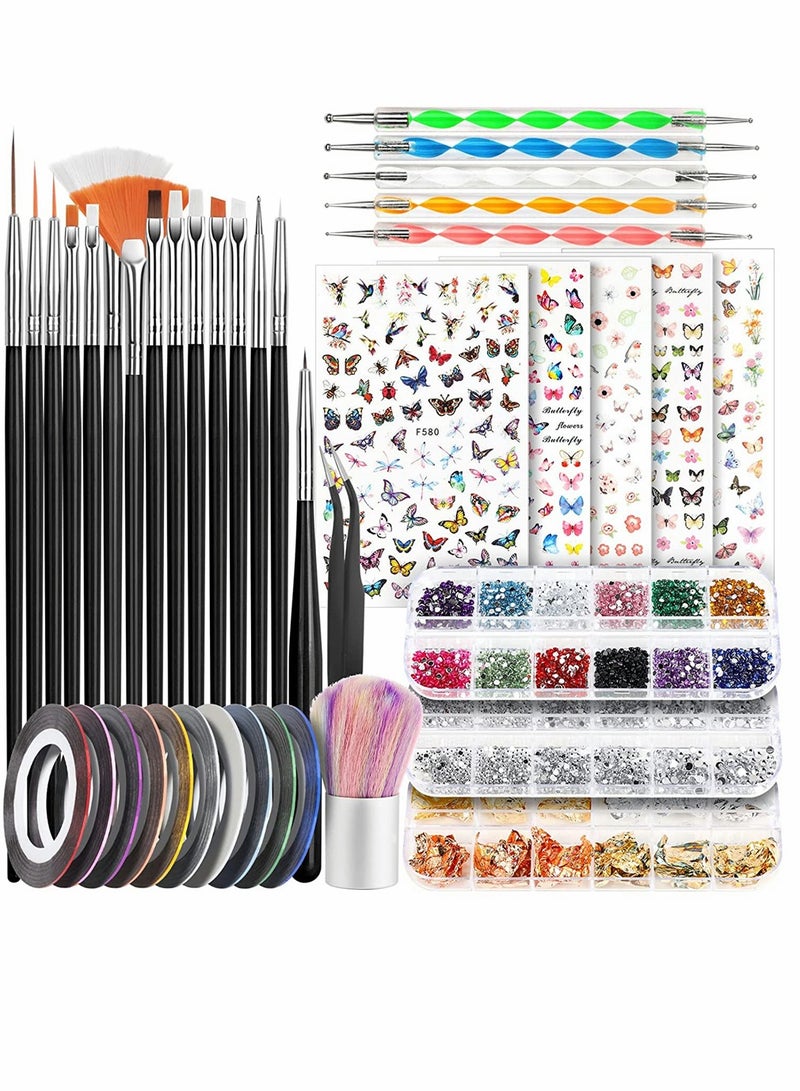 Nail Art Brush, Nail Design Tools Kit with Nail Art Brushes, Nail Dotting Tools, Fine Glitter, Nail Butterfly, Nail Heart Sequins, Foil Flakes, Nail Art Rhinestones, Nail Art Decoration Kit