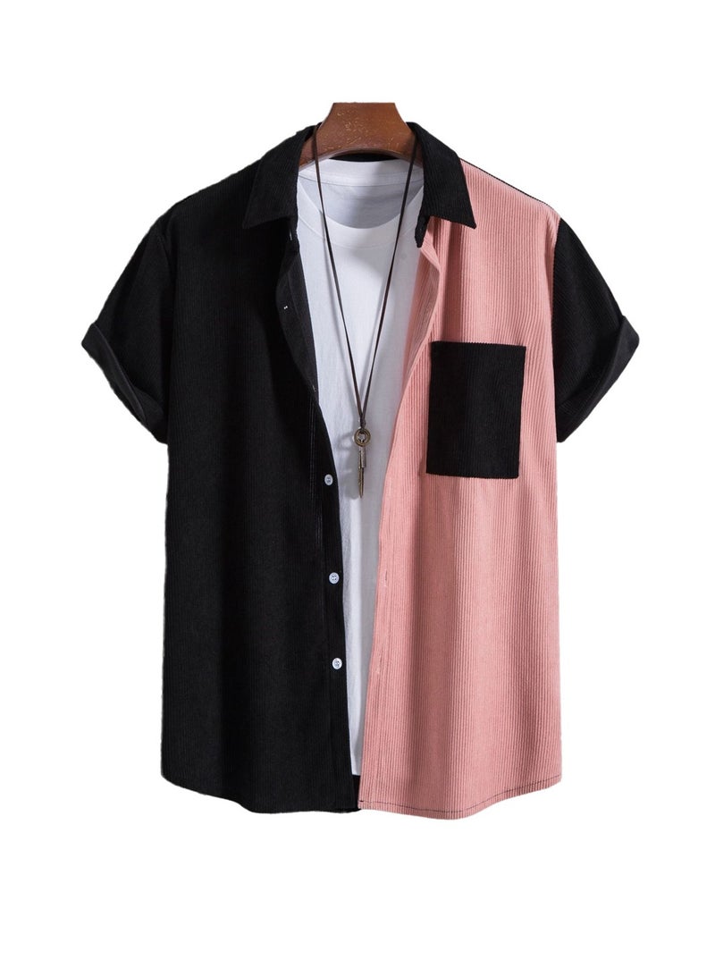 Splicing Youth Lapel Short Sleeve Shirt Men's Corduroy Lapel Striped Short Sleeve Shirt