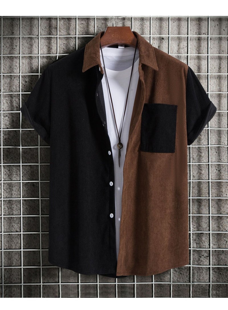 Splicing Youth Lapel Short Sleeve Shirt Men's Corduroy Lapel Striped Short Sleeve Shirt