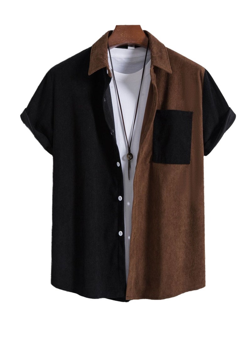 Splicing Youth Lapel Short Sleeve Shirt Men's Corduroy Lapel Striped Short Sleeve Shirt