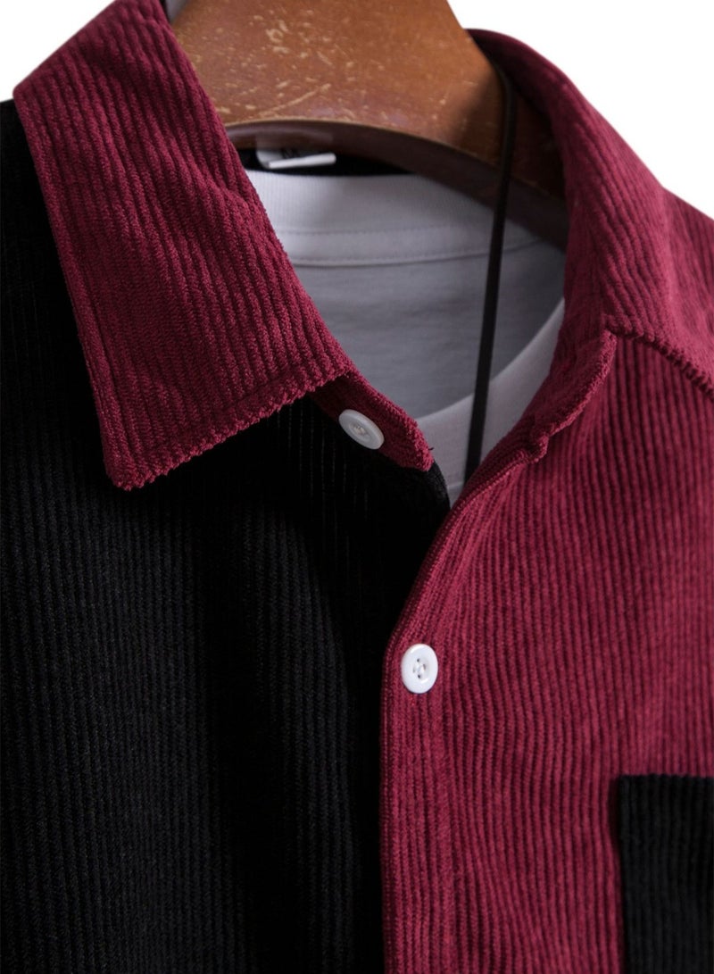 Splicing Youth Lapel Short Sleeve Shirt Men's Corduroy Lapel Striped Short Sleeve Shirt