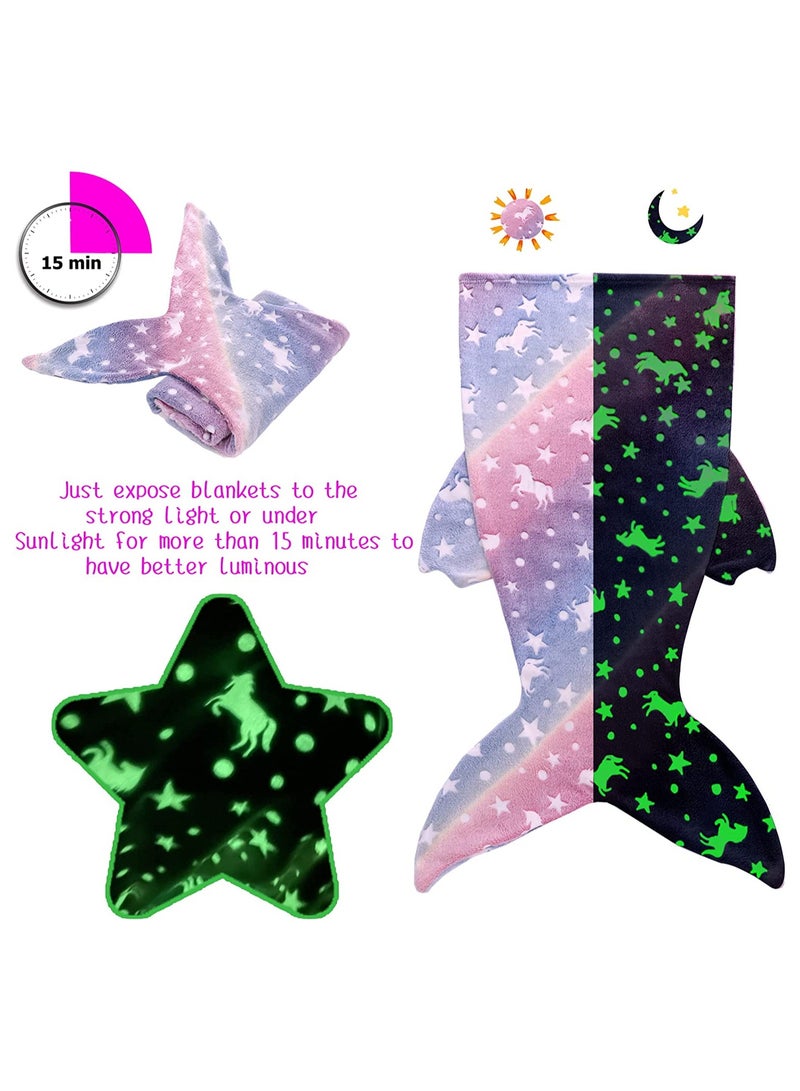 SYOSI Mermaid Tail Blanket, Glow in The Dark, Super Soft Plush Flannel Sleeping Bag, Star and Unicorn Design Snuggle Blanket, for Girls Age 1-10