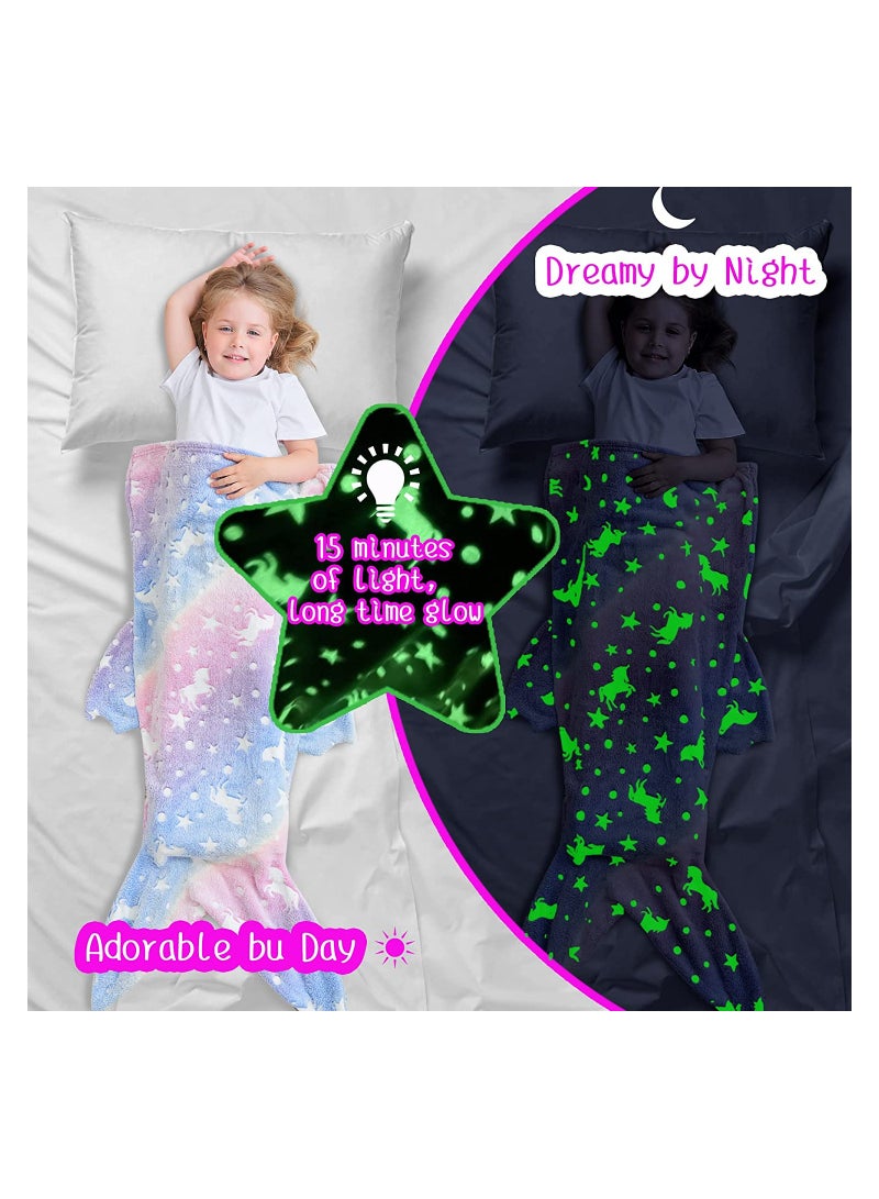 SYOSI Mermaid Tail Blanket, Glow in The Dark, Super Soft Plush Flannel Sleeping Bag, Star and Unicorn Design Snuggle Blanket, for Girls Age 1-10