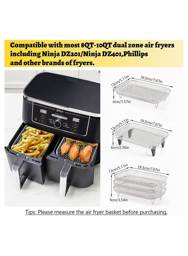 SYOSI Air Fryer Rack, 3 Pcs Stainless Steel Grilling Rack for Ninja Dual Air Fryer, Rectangle Air Fryer Basket Tray, with Clip and Heighten Feet Pad, for Double Basket Air Fryers