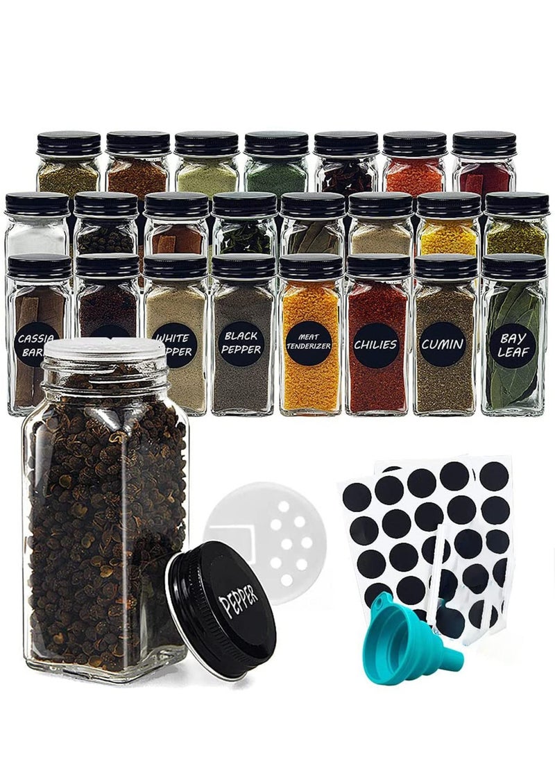 24-Piece glass spice jars with 40 Label, spice glass bottles,120ml square spice container with spice labels, shaker lids and airtight black metal caps, chalk marker, silicone collapsible funnel