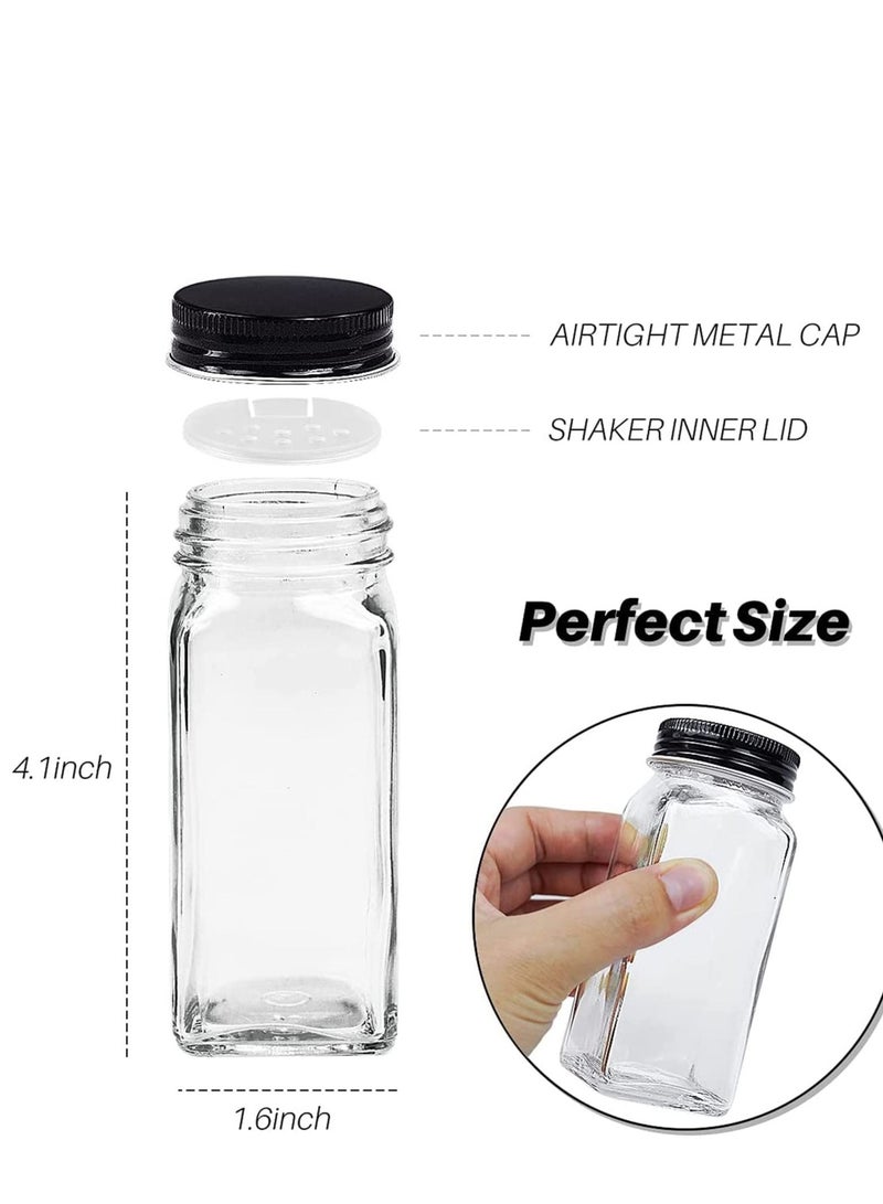 24-Piece glass spice jars with 40 Label, spice glass bottles,120ml square spice container with spice labels, shaker lids and airtight black metal caps, chalk marker, silicone collapsible funnel