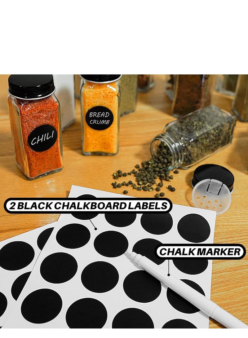 24-Piece glass spice jars with 40 Label, spice glass bottles,120ml square spice container with spice labels, shaker lids and airtight black metal caps, chalk marker, silicone collapsible funnel