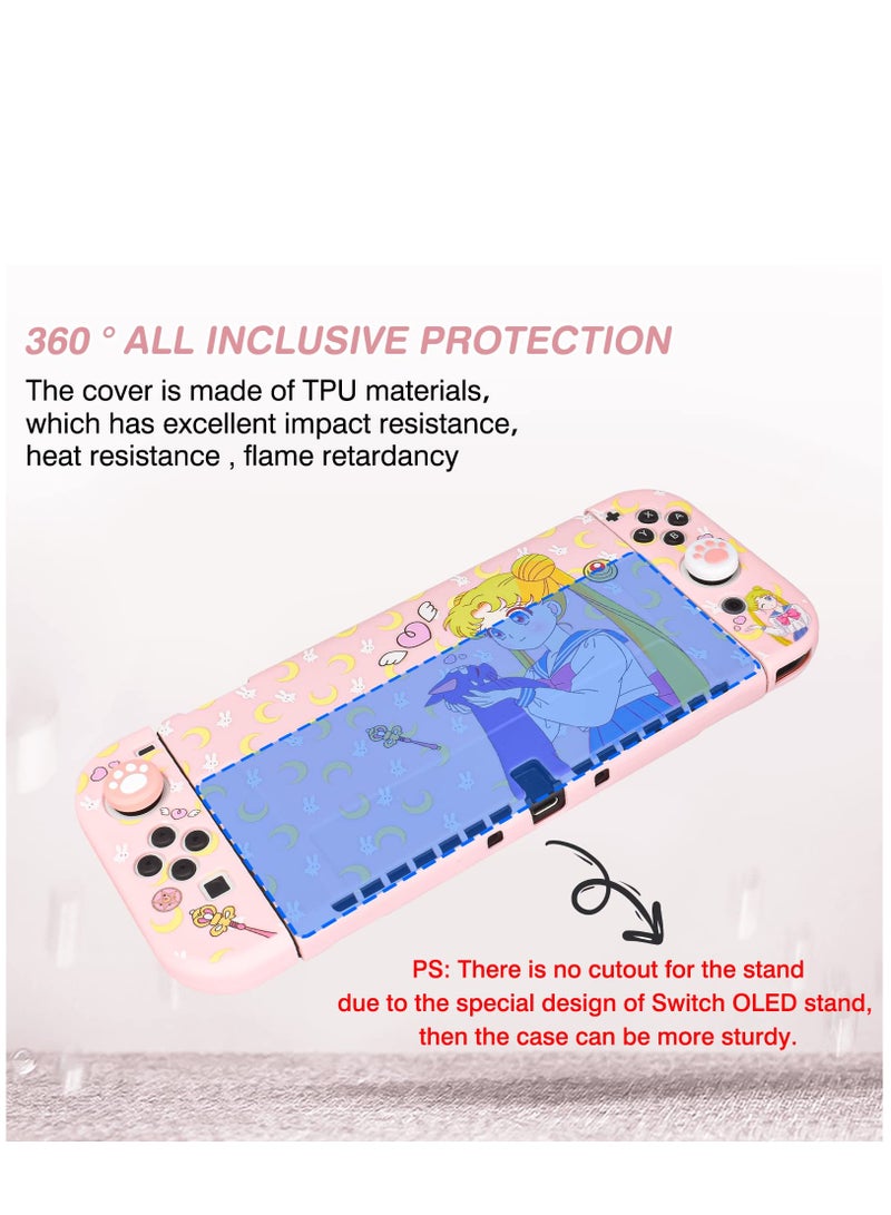 Protective Case for Nintendo Switch, Sailor Moon Switch OLED Protective Case Silicone Soft Cover Shockproof Pink Skin Joy Con Shell