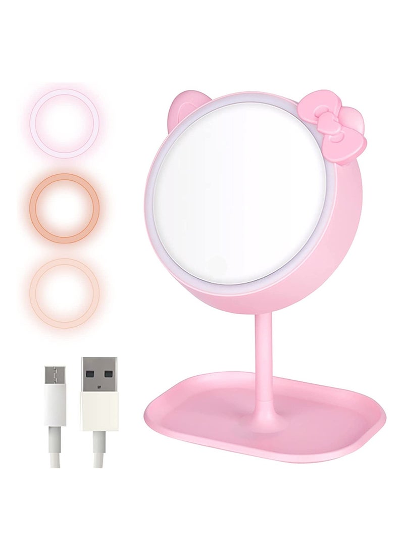 SYOSI Cosmetic Mirror, Hand Handle Makeup Mirror with LED Light, 7'' Desk Cosmetic Mirror Rechargeable, Touch Sensor Make Up Table Mirror with 3 Colors Lighting