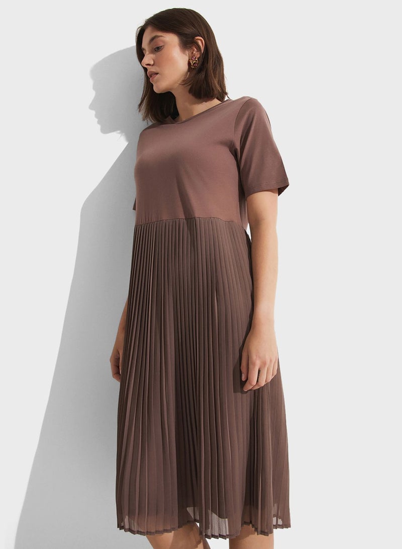 Pleated Crew Neck Dress