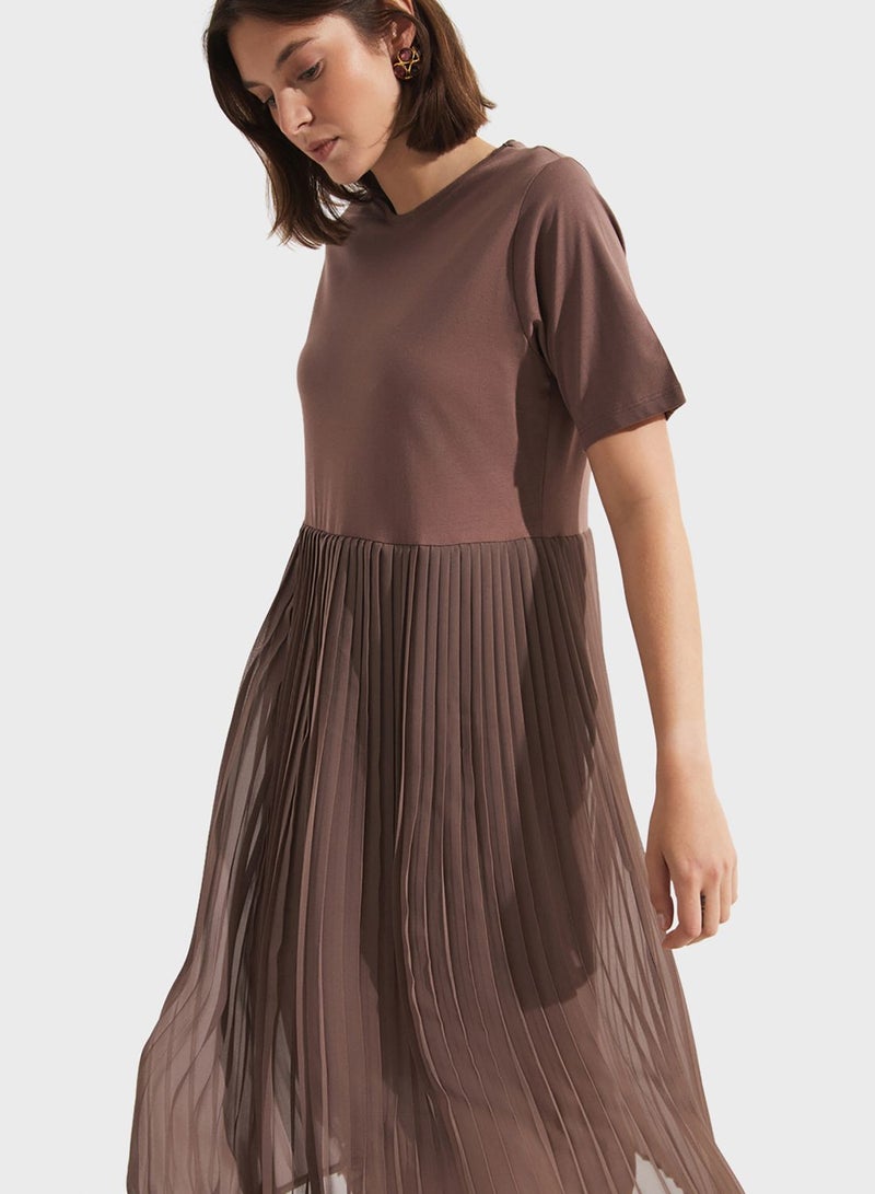 Pleated Crew Neck Dress